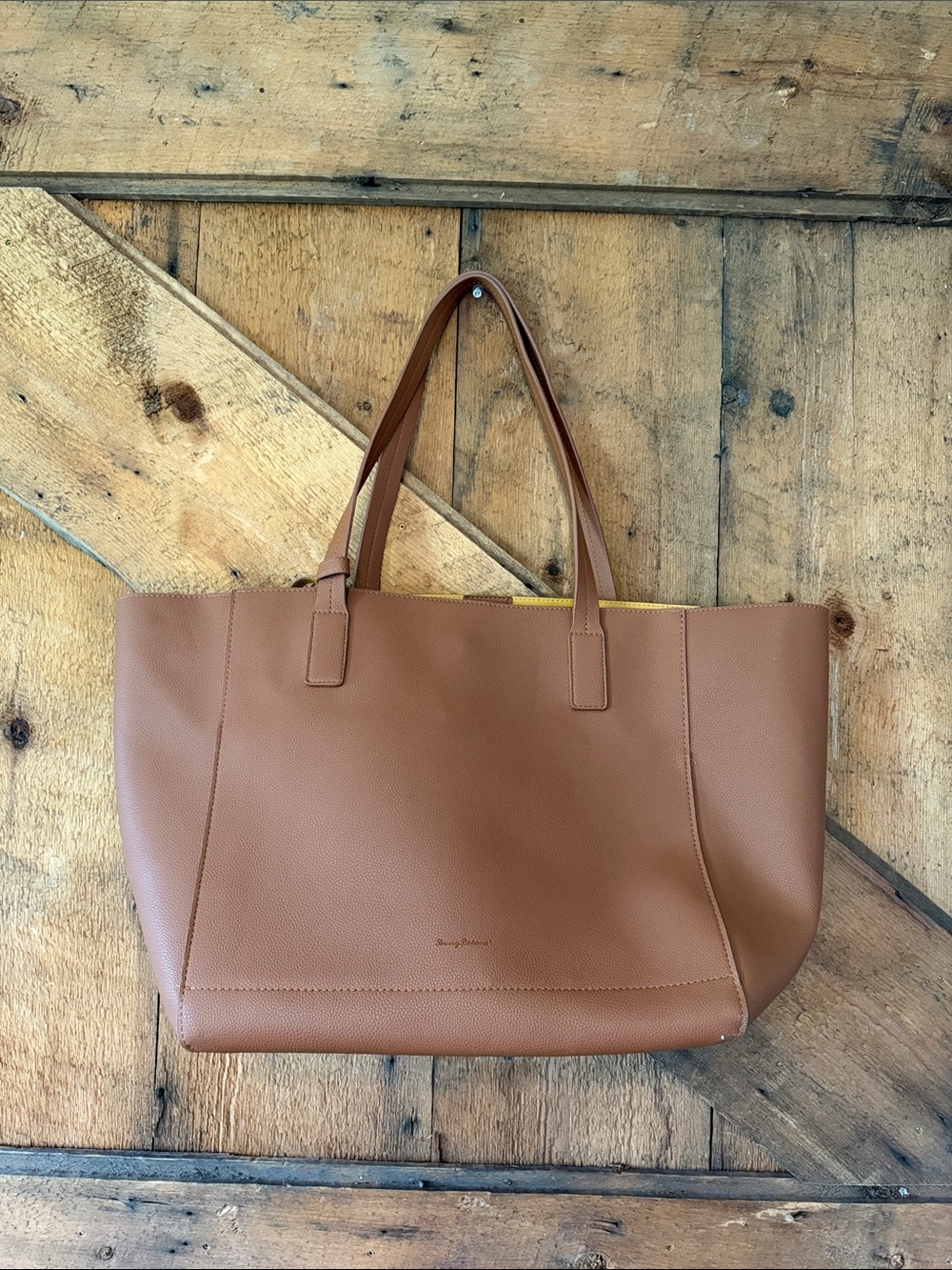 Tommy Bahama Large Cognac Brown Tote Bag Shoulder Purse Yellow Interior